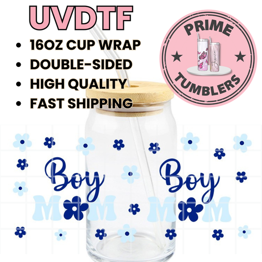 BOY Mom FLOWERS floral 16oz Libbey Glass Cup Wrap UVDTF, Ready to apply decal STICKERS blue