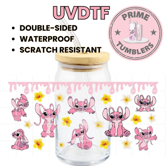 Angel from Disney's Lilo & Stitch 16oz Libbey Glass Cup Wrap UVDTF, Ready to apply decal STICKERS pink