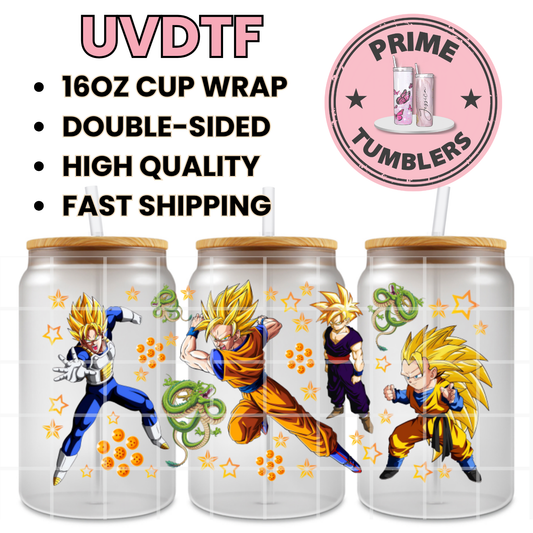 Anime DRAGON BALL Z Ready-to-press UVDTF Transfers, Cup wrap decals, Tumbler prints, 16oz Libbey Glass UV STICKERS Vegeta, Goku, Gohan, Dragon Balls and Shenron