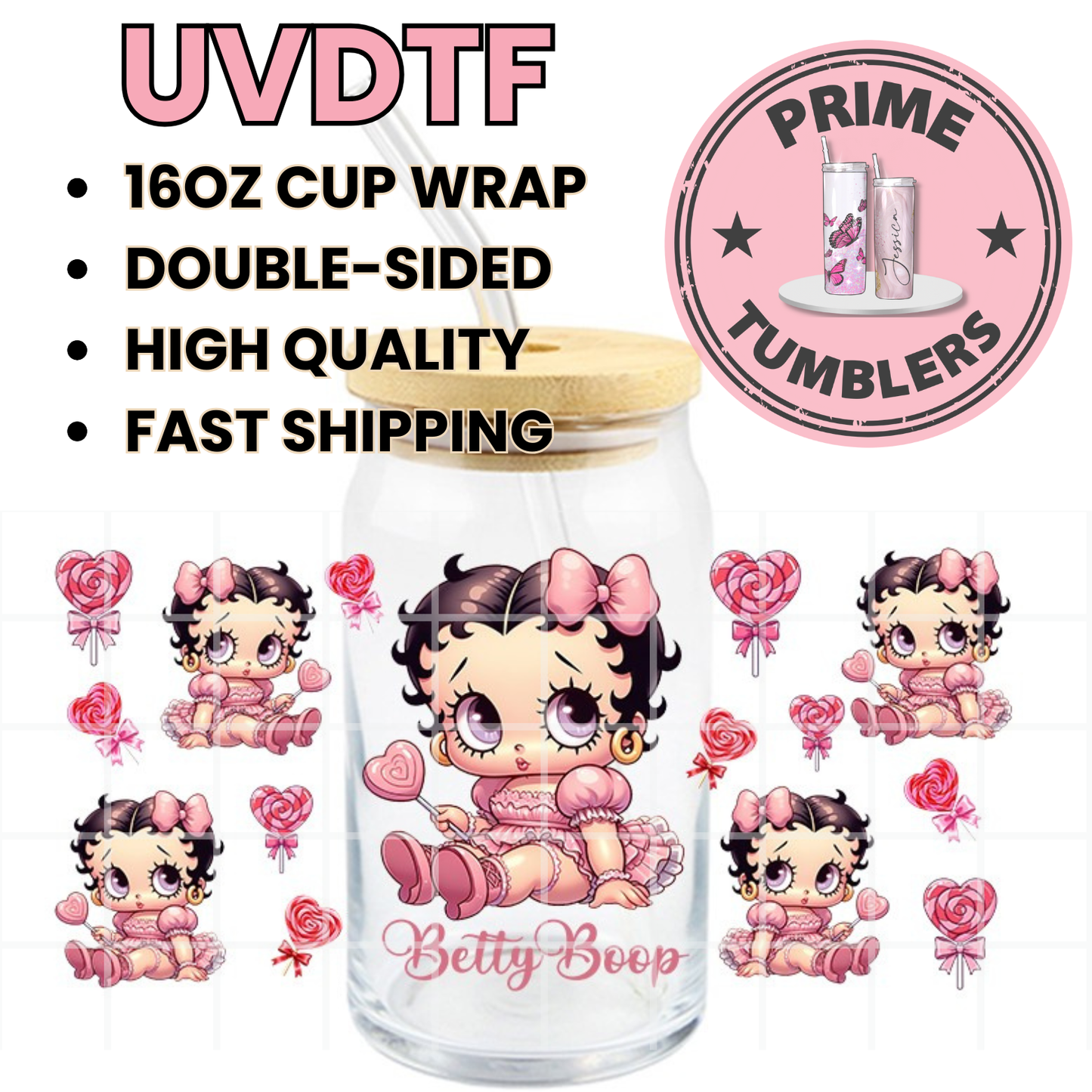 BETTY BOOP Baby pink 16oz Libbey Glass Cup Wrap UVDTF, Ready to apply decal STICKERS heart lollipop candy