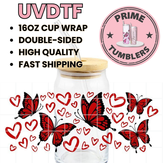 Red Butterflies and Hearts Ready-to-press UVDTF Transfers, Cup wrap decals, Tumbler prints, 16oz Libbey Glass UV STICKERS butterfly