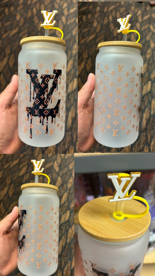 XL brown and Black 16oz frosted GLASS cup