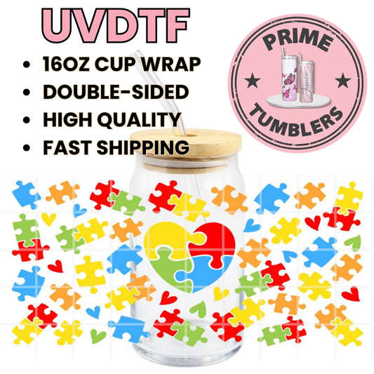 Autism AWARENESS heart puzzle 16oz UVDTF cup wrap, ready to apply STICKERS