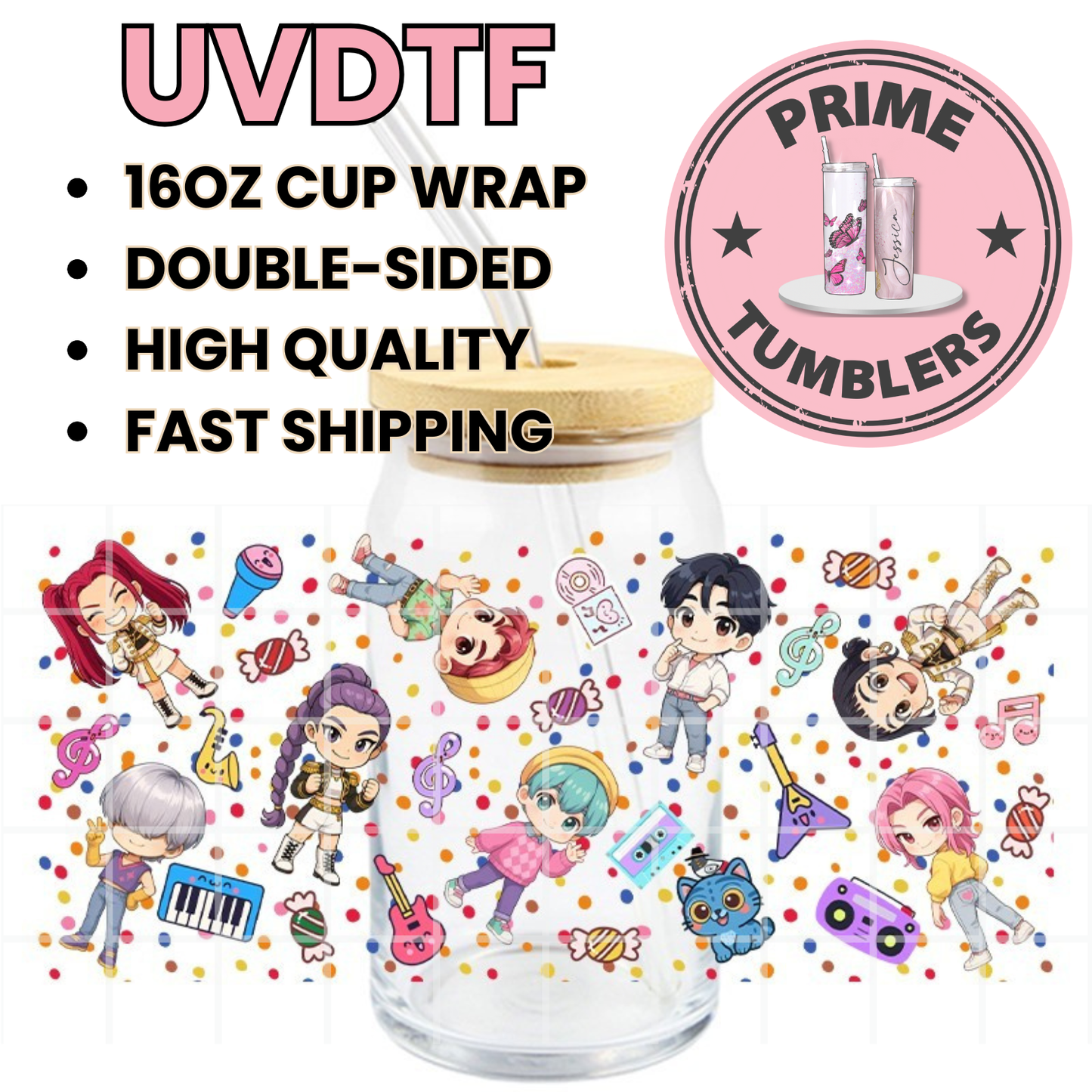 K-pop HUNTR/X animated KPop Demon Hunters Mira, Rumi, and Zoey Ready-to-press UVDTF Transfers, Cup wrap decals, Tumbler prints, 16oz Libbey Glass UV STICKERS Chibi Saja Boys