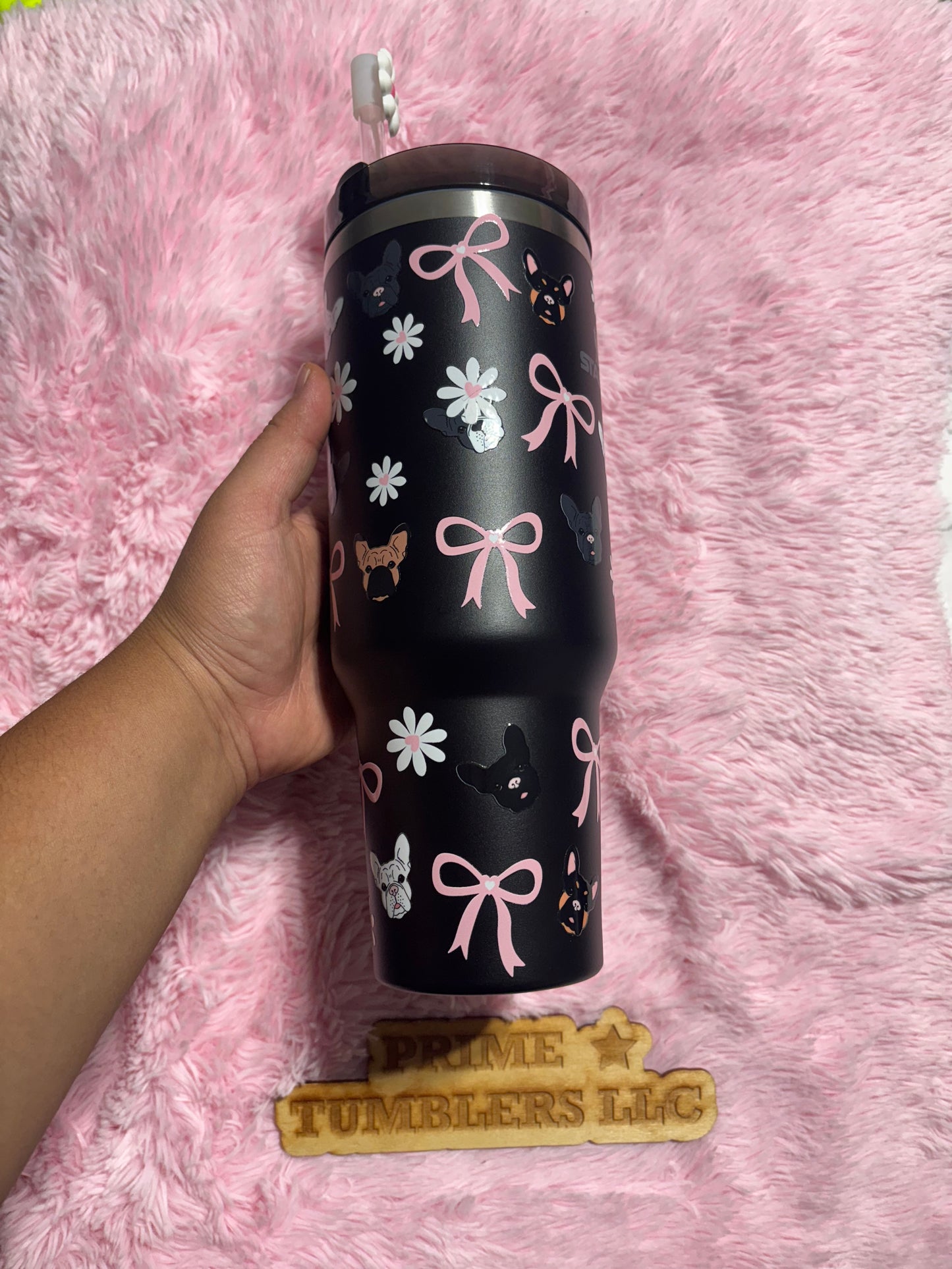 Frenchie Dog BOWS and Flowers 40oz Stainless Steel Tumbler | Stanley Dupe Cup French Bulldog Dog breed