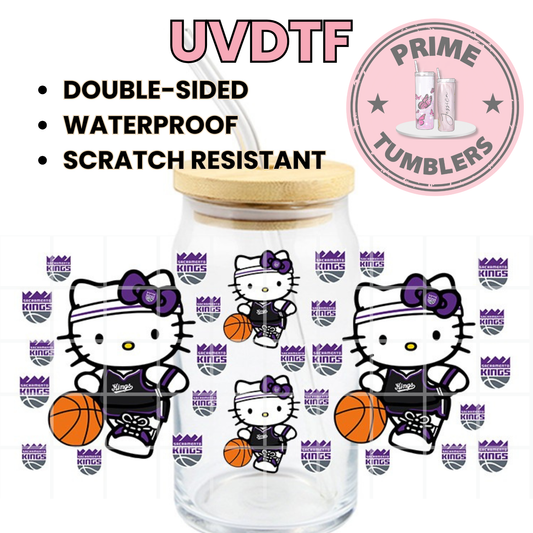 Sacramento Kings NBA Hello Kitty Ready-to-press UVDTF Transfers, Cup wrap decals, Tumbler prints, 16oz Libbey Glass UV STICKERS Basketball Kawaii