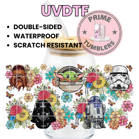 YODA Star Wars FLORAL 16oz UVDTF cup wrap, ready to apply STICKERS space alien decal