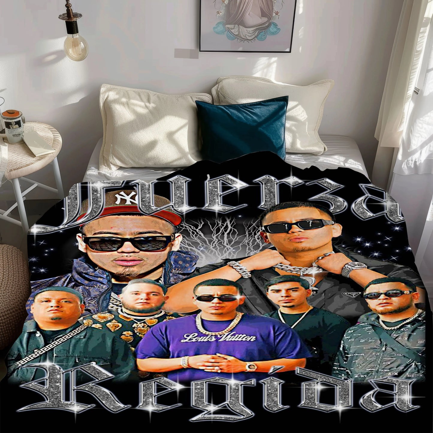 American regional Mexican band Fuerza Regida soft throw Blanket Cobija singer Jesús Ortíz Paz, Samuel Jáimez, Khrystian Ramos, José "Pelón" García, and Moisés López