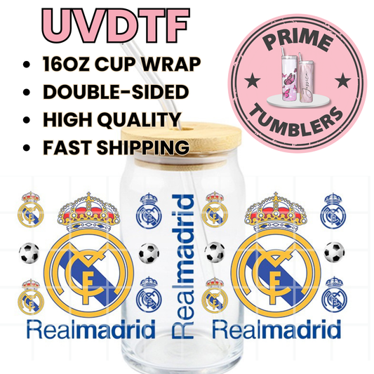 Real Madrid soccer Ready-to-Press UVDTF Transfers, Cup Wrap Decals, Tumbler Prints, 16oz Libbey Glass UV STICKERS Barcelona