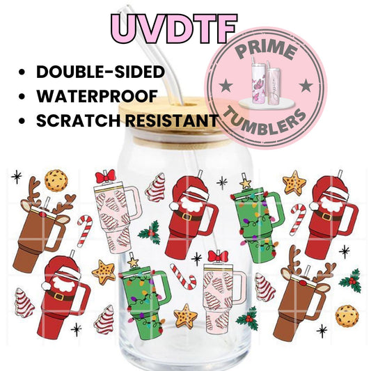 Santa STANLEY Christmas lights cookies Ready-to-press UVDTF Transfers, Cup wrap decals, Tumbler prints, 16oz Libbey Glass UV STICKERS