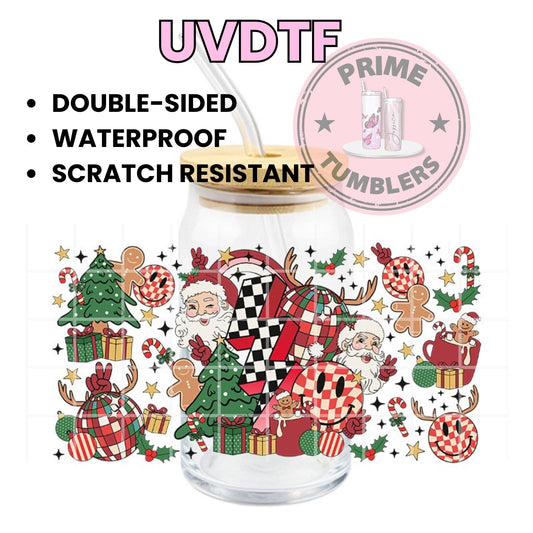 Santa Merry Christmas lights gingerbread cookie Ready-to-press UVDTF Transfers, Cup wrap decals, Tumbler prints, 16oz Libbey Glass UV STICKERS Retro