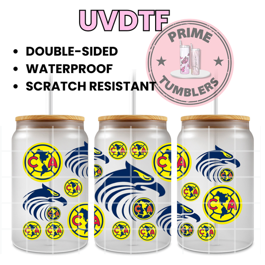 Club AMERICA soccer Mexico Las Aguilas Ready-to-Press UVDTF Transfers, Cup Wrap Decals, Tumbler Prints, 16oz Libbey Glass UV STICKERS