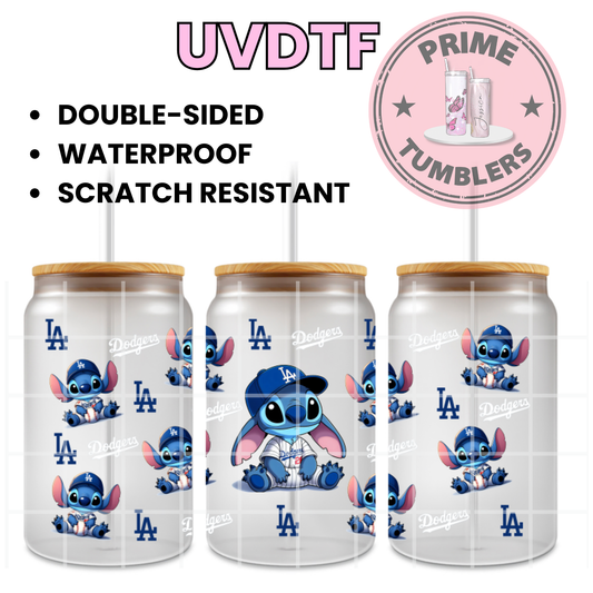 LA Dodgers Los Angeles DISNEY STITCH Ready-to-press UVDTF Transfers, Cup wrap decals, Tumbler prints, 16oz Libbey Glass UV STICKERS Baseball BLUE
