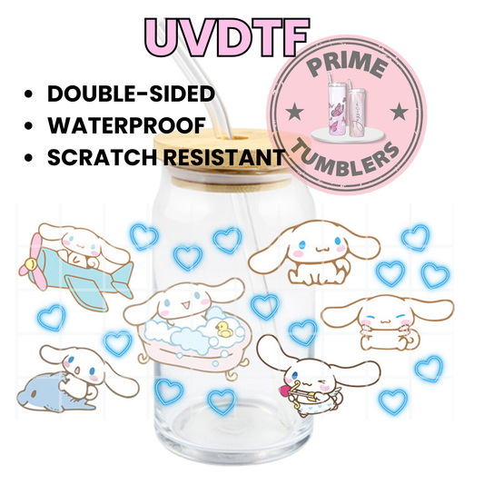 Sanrio Cinnamonroll and Friends Ready-to-press UVDTF Transfers, Cup wrap decals, Tumbler prints, 16oz Libbey Glass UV STICKERS blue hearts