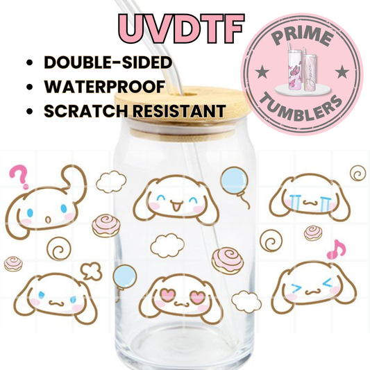 Sanrio Cinnamonroll Ready-to-press UVDTF Transfers, Cup wrap decals, Tumbler prints, 16oz Libbey Glass UV STICKERS white