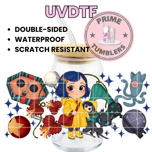 Animated film Coraline Jones  16oz UVDTF cup wrap, ready to apply STICKERS decal button-eyed doll