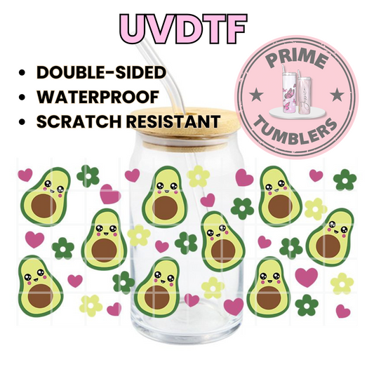 Avocado cute Kawaii 16oz UVDTF cup wrap, ready to apply STICKERS