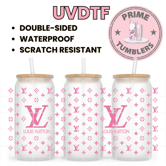Pink LV 16oz UVDTF cup wrap, ready to apply STICKERS designer brand