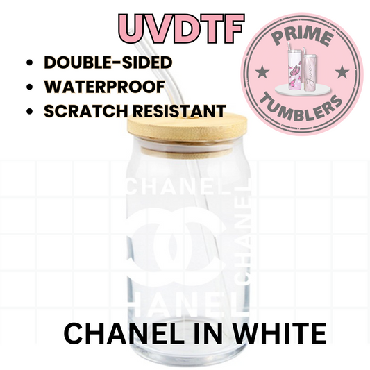 CHANEL white 16oz UVDTF cup wrap, ready to apply STICKERS