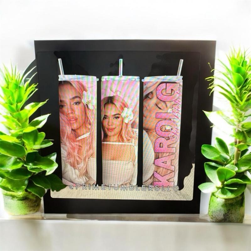 Karol G Pink Vibes Tumbler 20 oz Stainless Steel Insulated Cup with Clear Lid & Metal Straw Urban Beauty Inspired Drinkware