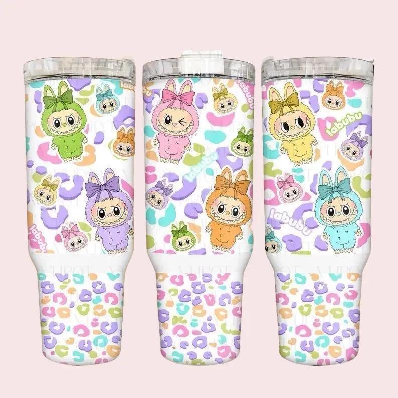 Kawaii Pastel Critters Tumbler 40oz Stainless Steel Rainbow Animal Hoodie Edition with Leopard Print BPA-Free Insulated Drinkware