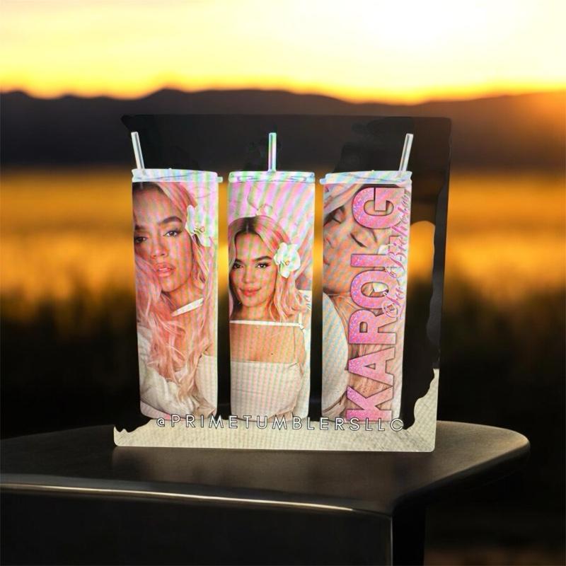 Karol G Pink Vibes Tumbler 20 oz Stainless Steel Insulated Cup with Clear Lid & Metal Straw Urban Beauty Inspired Drinkware